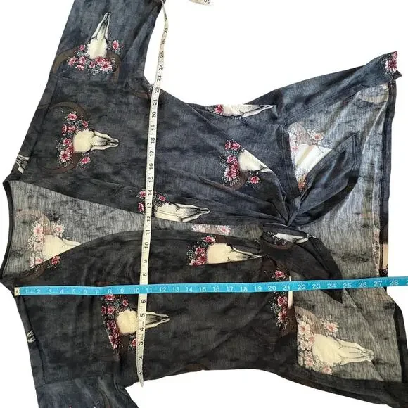 Floral Longhorn Skull Print Kimono Cardigan Boho Western Core M Coastal Cowgirl - Picture 9 of 10